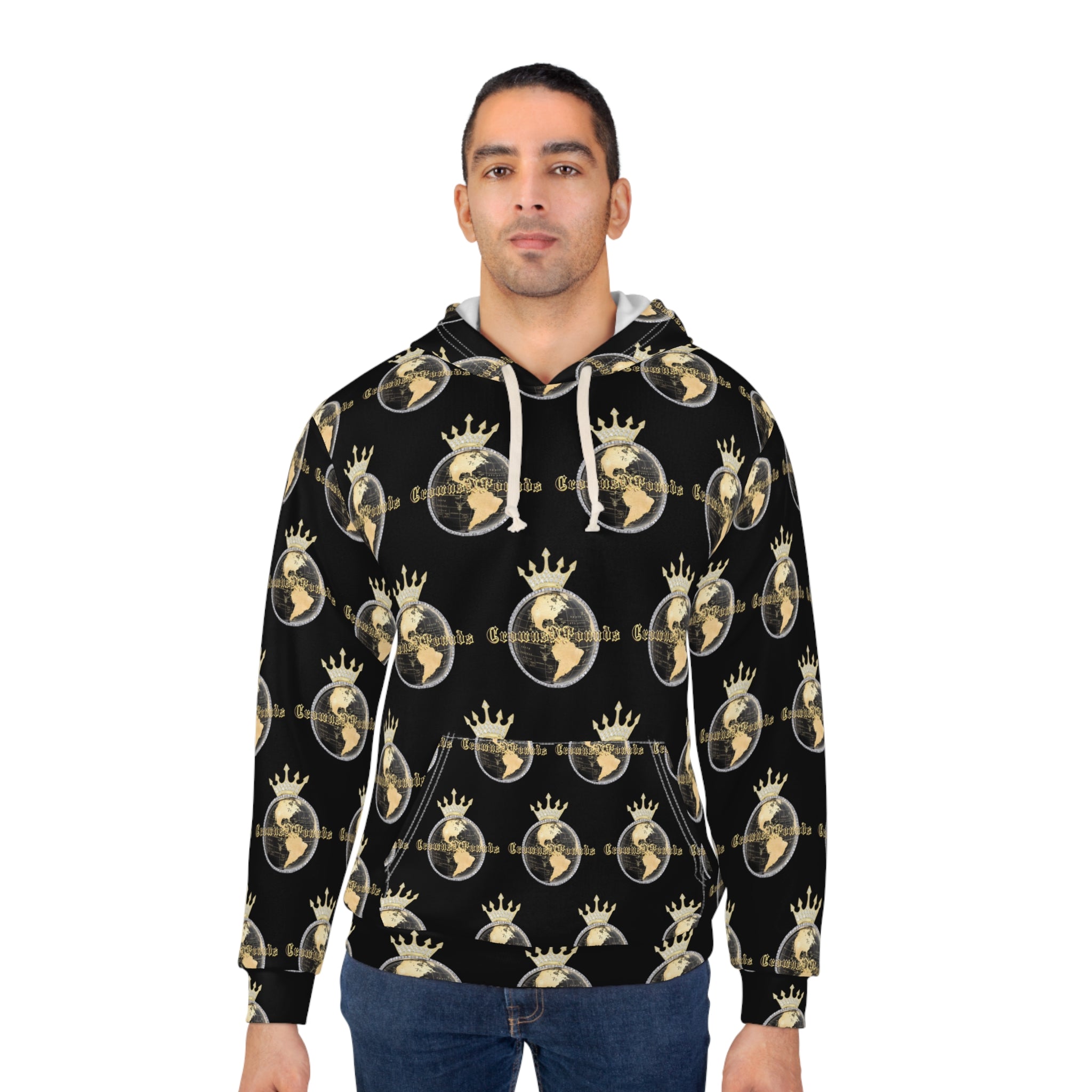 Crowned All Over Hoodie — All-Over Print Black Gold Travel Sweatshirt