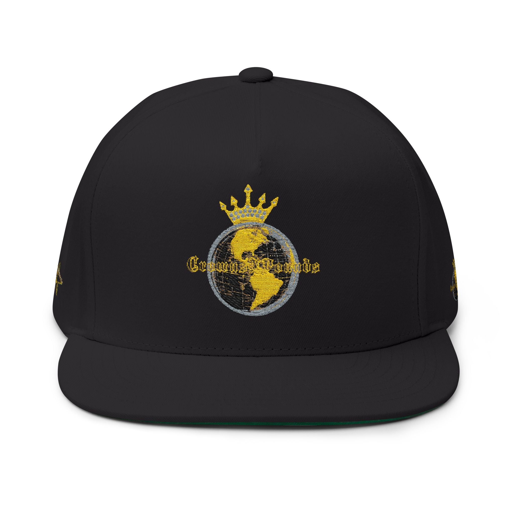 Crowned Globe Embroidered Flat Bill Cap