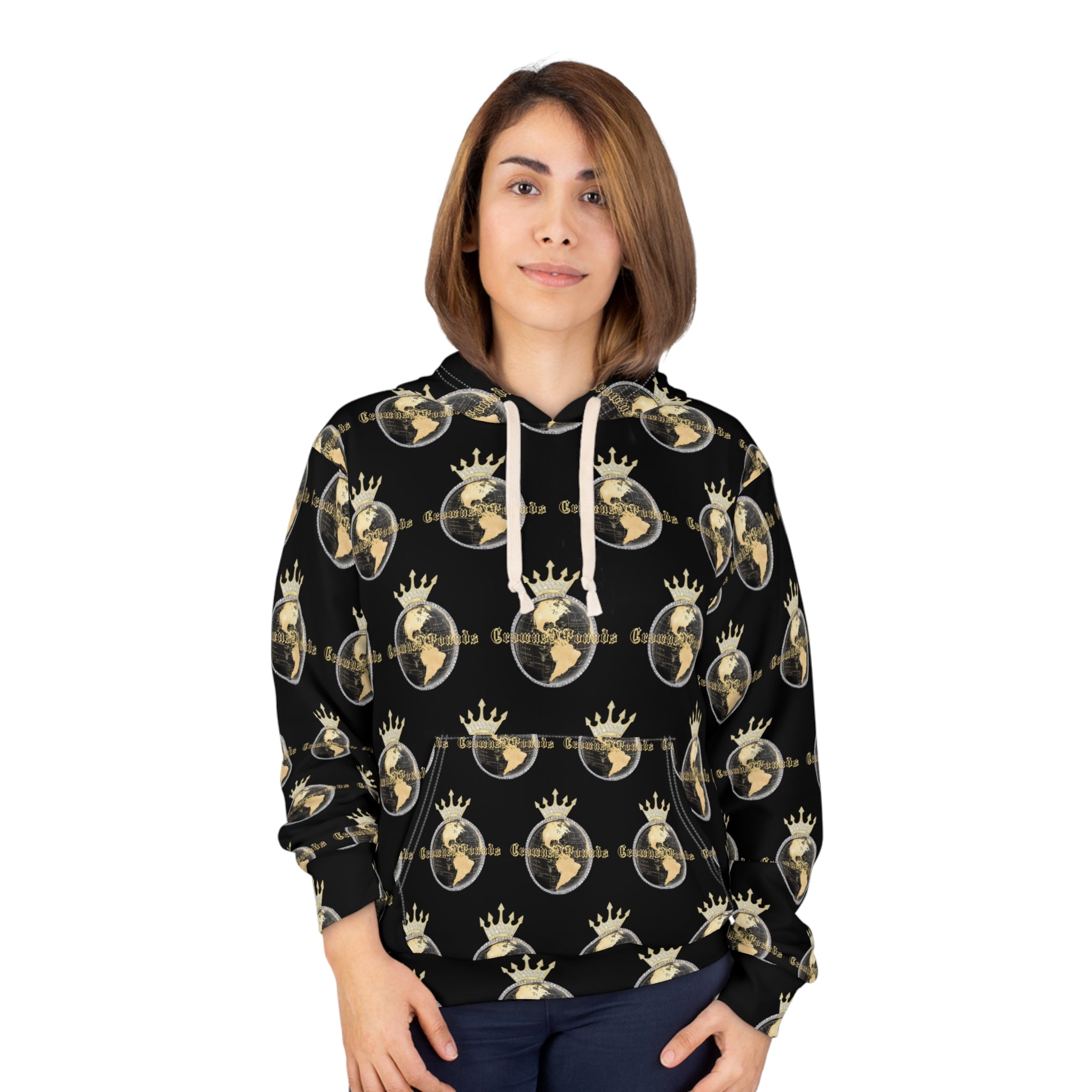 Crowned All Over Hoodie — All-Over Print Black Gold Travel Sweatshirt