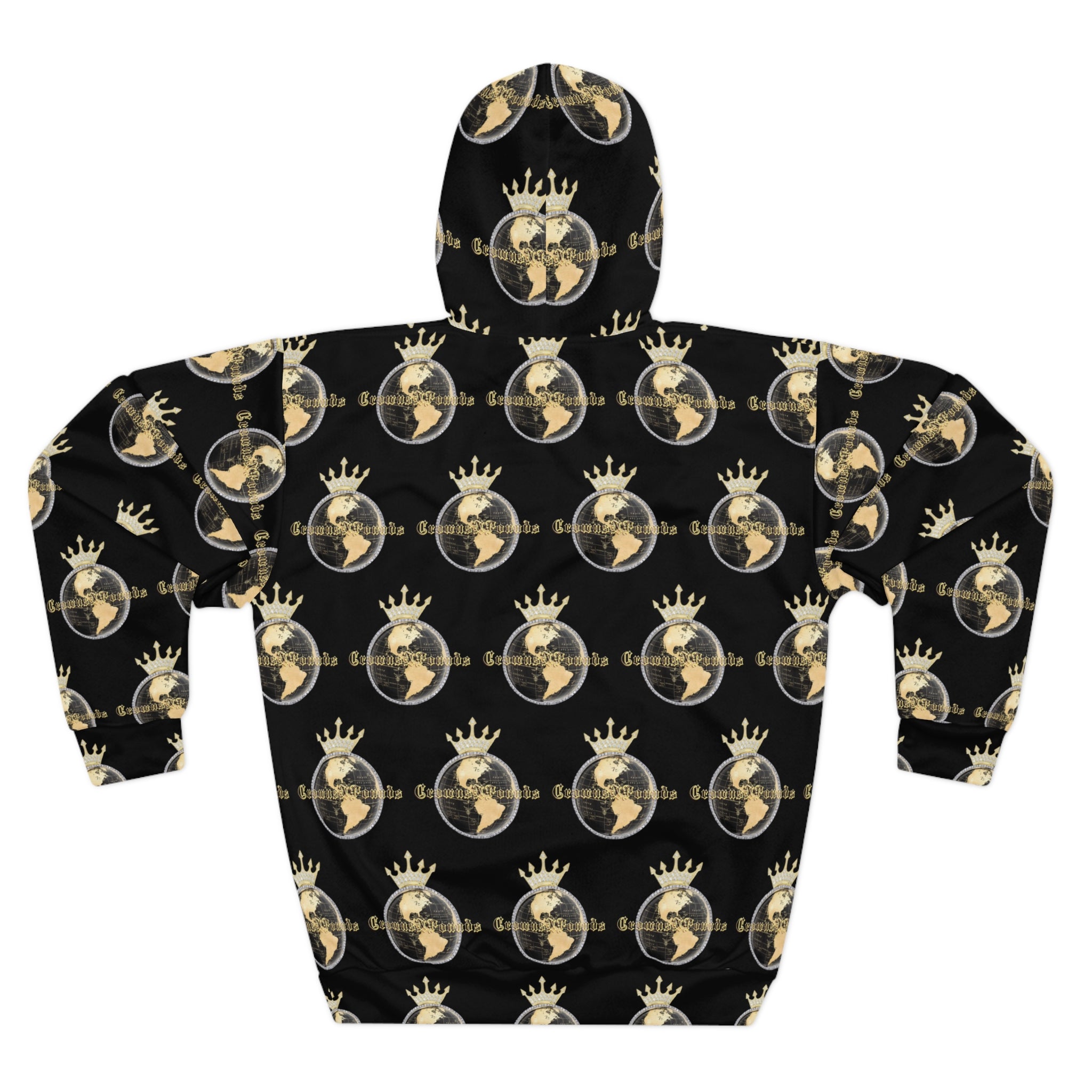 Crowned All Over Hoodie — All-Over Print Black Gold Travel Sweatshirt