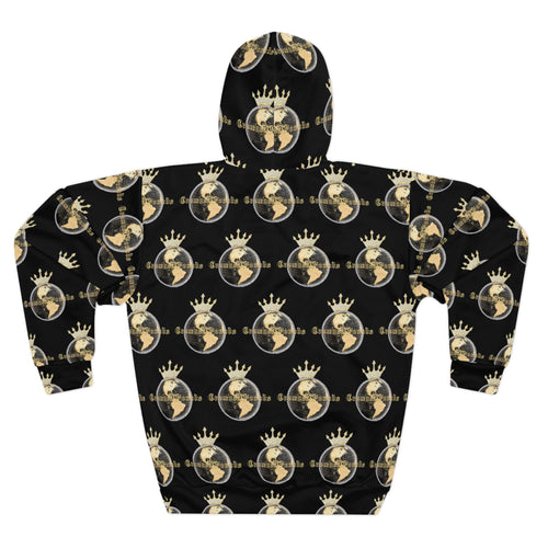 Crowned All Over Hoodie — All-Over Print Black Gold Travel Sweatshirt