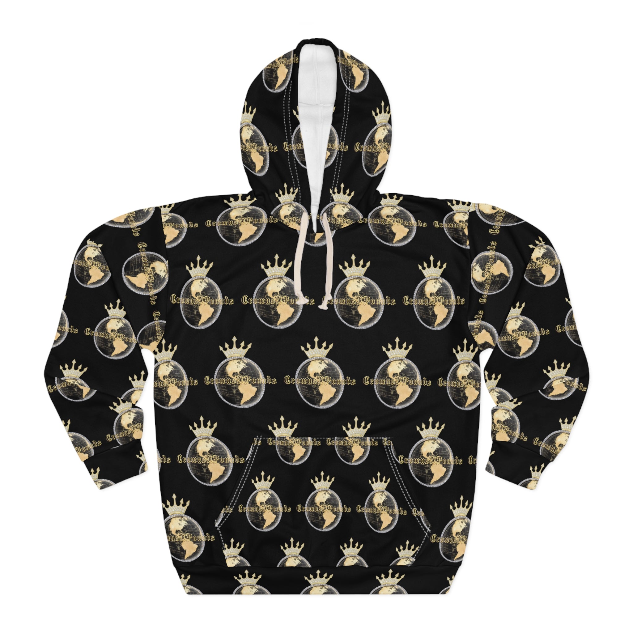 Crowned All Over Hoodie — All-Over Print Black Gold Travel Sweatshirt